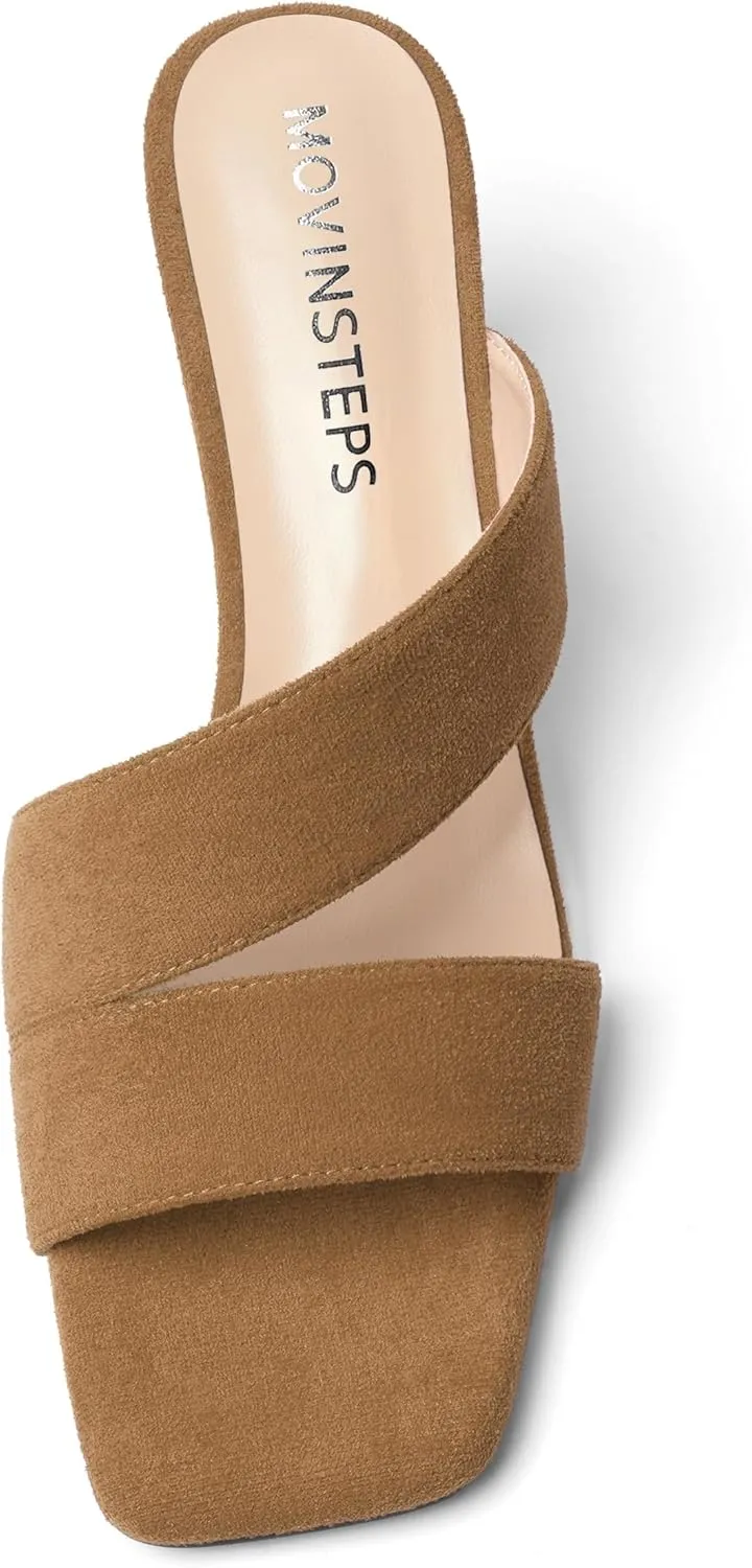MOVINSTEPS Womens Solid Casual Slip On Suede Dating Square Toe Spool High Heel Heeled Sandals 3.3 Inch