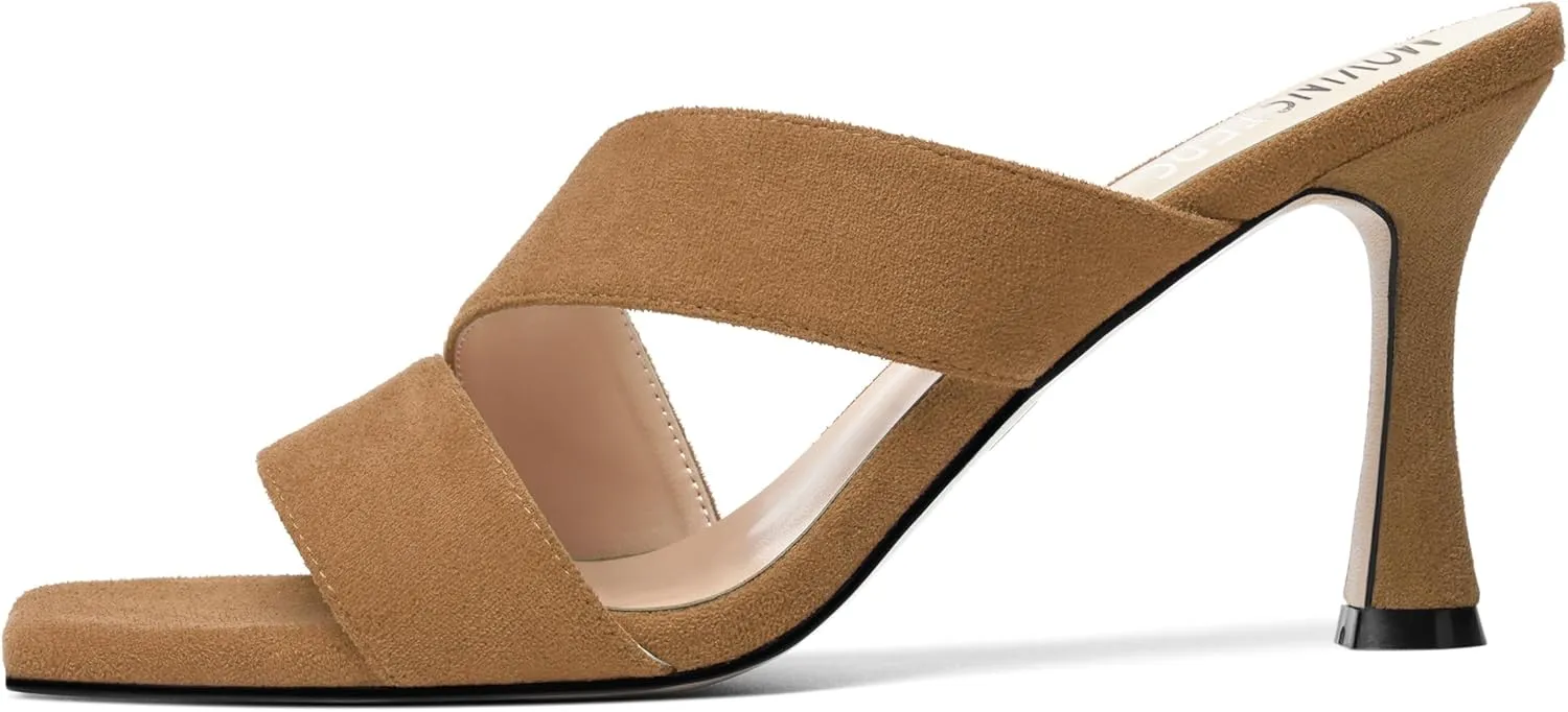 MOVINSTEPS Womens Solid Casual Slip On Suede Dating Square Toe Spool High Heel Heeled Sandals 3.3 Inch