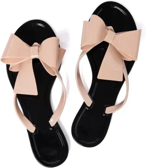 Mtzyoa Women Flip-Flops Flat Sandals Jelly Bow Beach Flat Rivets Rain Cute Dressy Summer Sandals