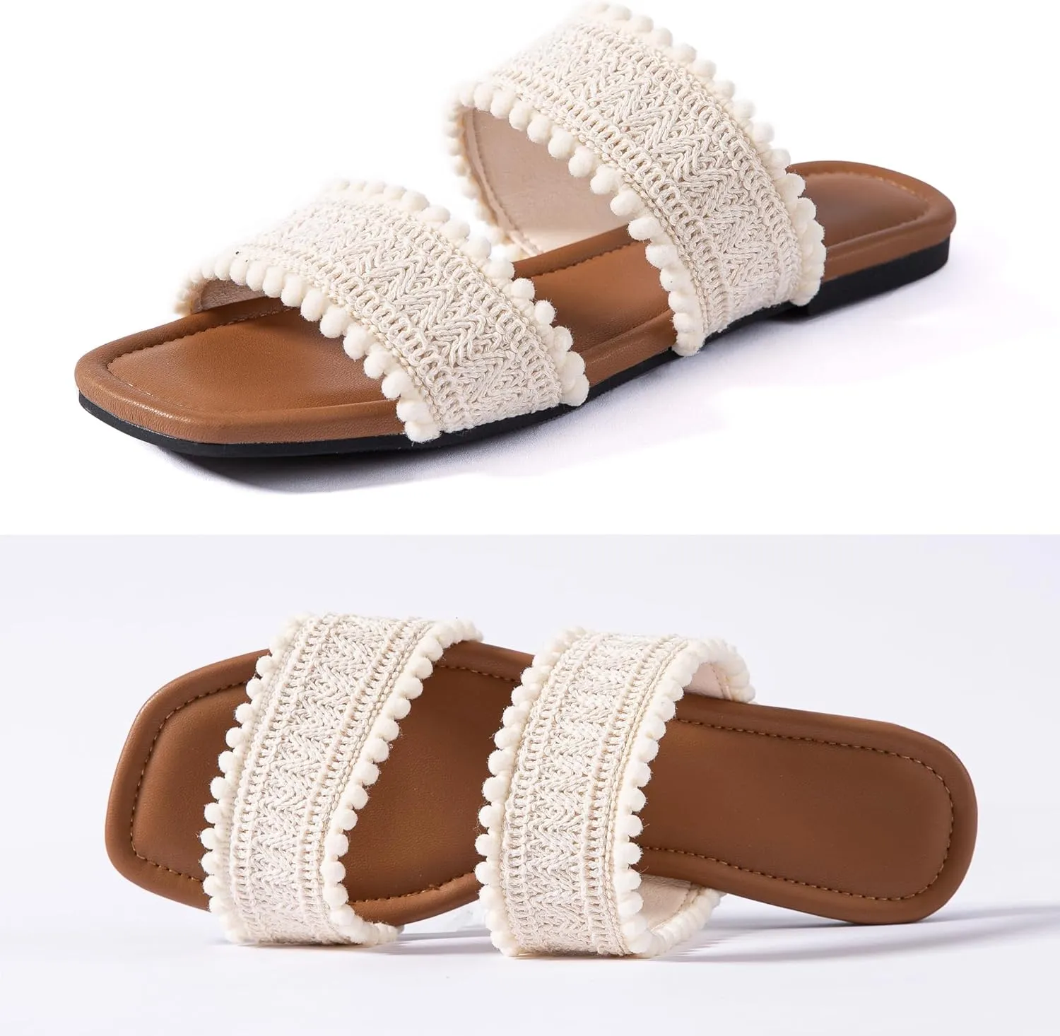 Mtzyoa Women's Sandals Casual Braided Dressy Summer Square Toe Quilted Flat Sandals