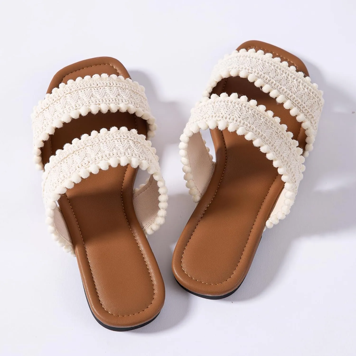 Mtzyoa Women's Sandals Casual Braided Dressy Summer Square Toe Quilted Flat Sandals