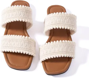 Mtzyoa Women's Sandals Casual Braided Dressy Summer Square Toe Quilted Flat Sandals