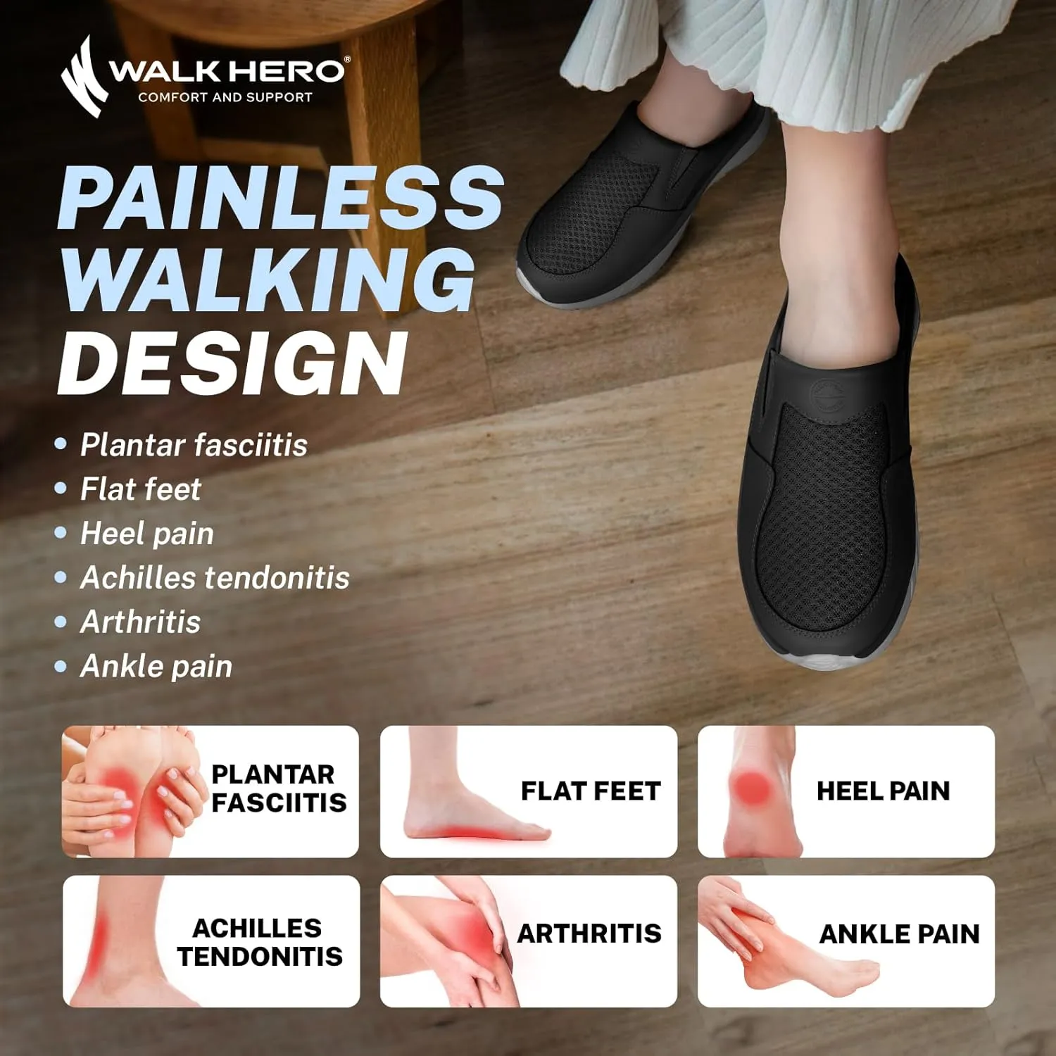 Mules for Woman Sneakers with Arch Support, Slip On Womens Walking Shoes for Plantar Fasciitis, Open Back Orthopedic Clogs for Women