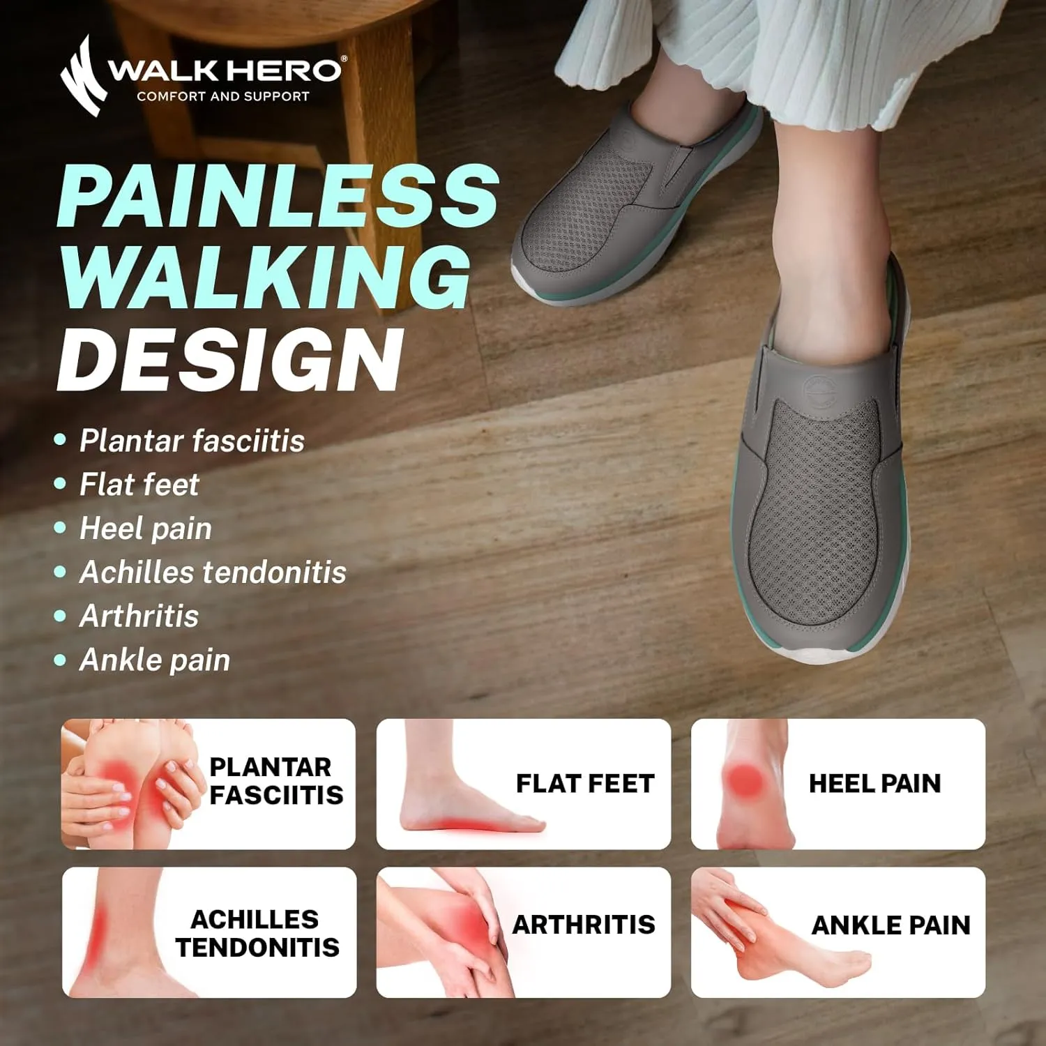 Mules for Woman Sneakers with Arch Support, Slip On Womens Walking Shoes for Plantar Fasciitis, Open Back Orthopedic Clogs for Women