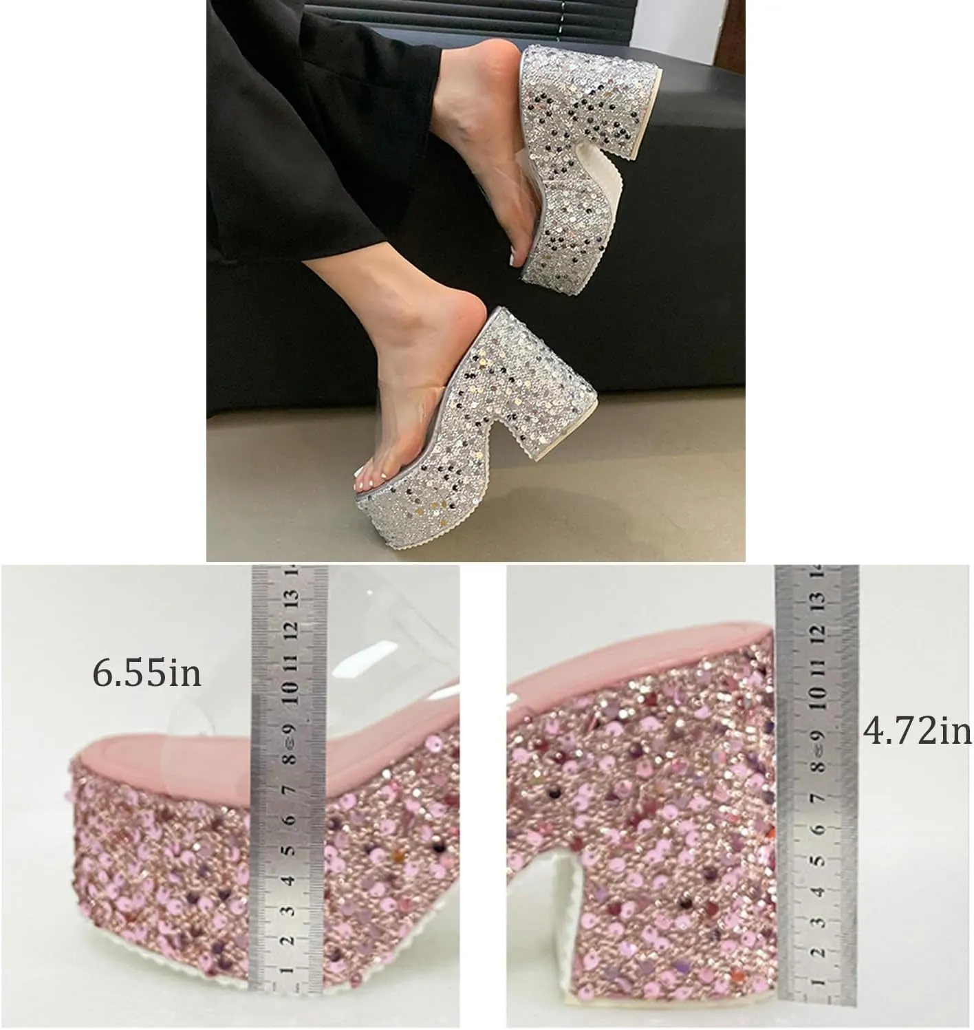 NELSBREXWomen'S Sequined Chunky Wedge Platform Slip-On Transparent Slides Sandals Comfortable Chunky High Heel Clear Strap Non-Slip Sexy Round Toe Shiny Mule Sandals for Prom Wedding