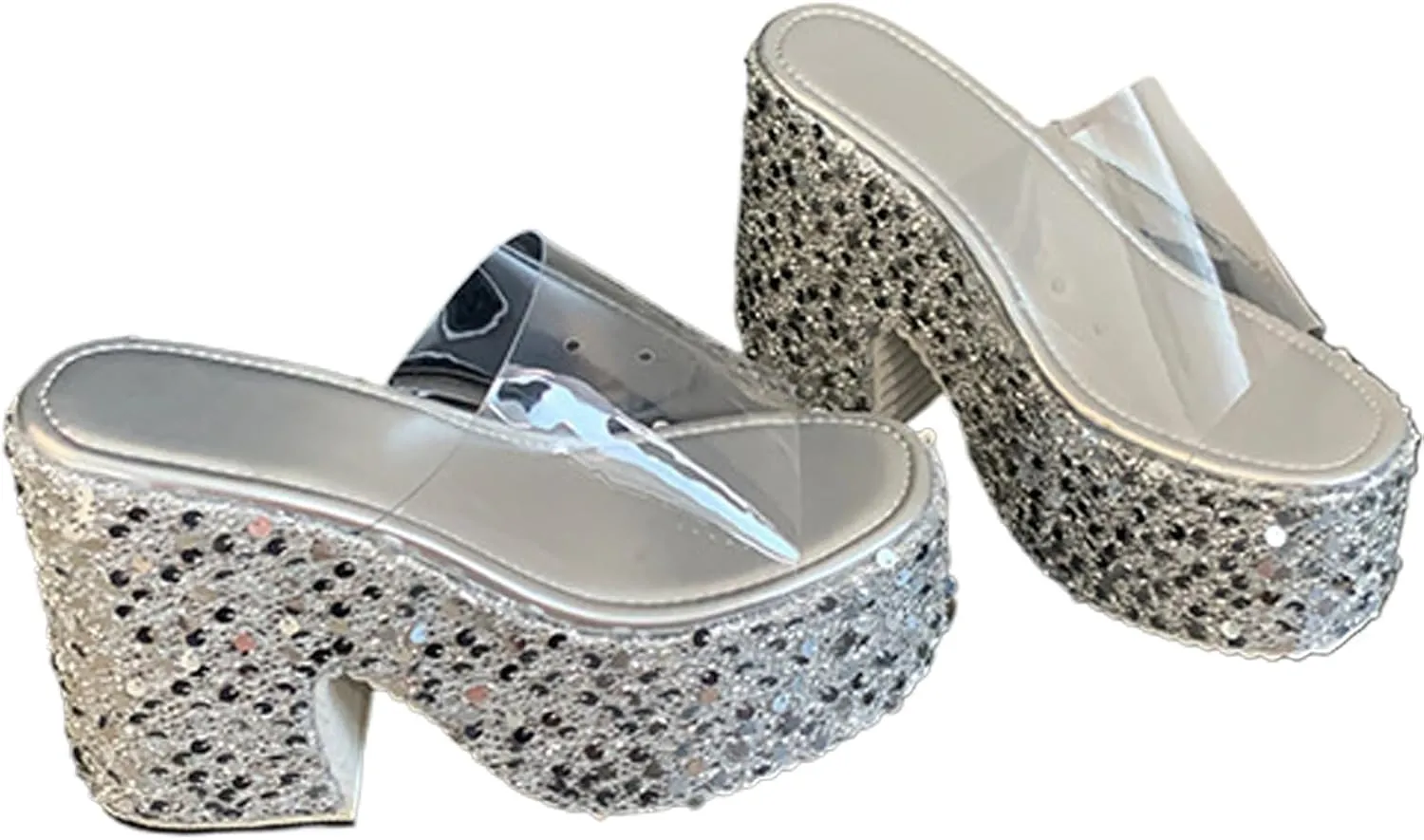 NELSBREXWomen'S Sequined Chunky Wedge Platform Slip-On Transparent Slides Sandals Comfortable Chunky High Heel Clear Strap Non-Slip Sexy Round Toe Shiny Mule Sandals for Prom Wedding