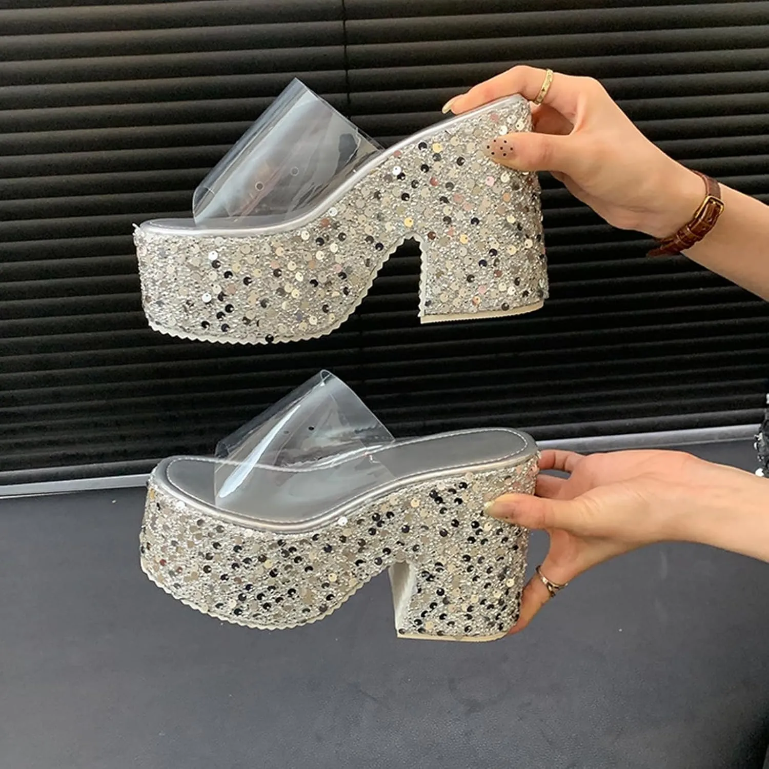 NELSBREXWomen'S Sequined Chunky Wedge Platform Slip-On Transparent Slides Sandals Comfortable Chunky High Heel Clear Strap Non-Slip Sexy Round Toe Shiny Mule Sandals for Prom Wedding