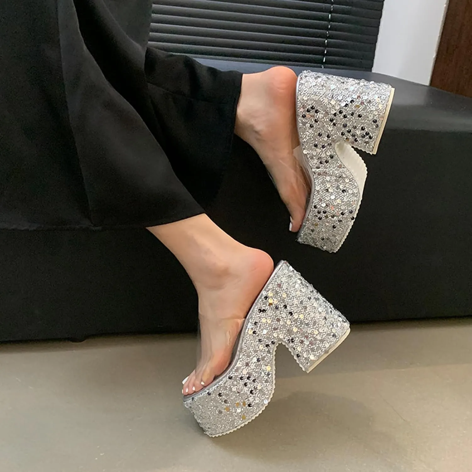 NELSBREXWomen'S Sequined Chunky Wedge Platform Slip-On Transparent Slides Sandals Comfortable Chunky High Heel Clear Strap Non-Slip Sexy Round Toe Shiny Mule Sandals for Prom Wedding