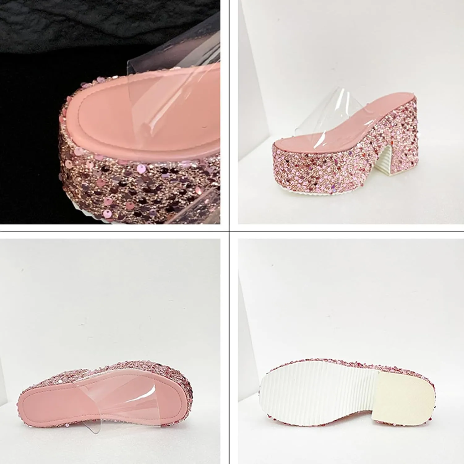NELSBREXWomen'S Sequined Chunky Wedge Platform Slip-On Transparent Slides Sandals Comfortable Chunky High Heel Clear Strap Non-Slip Sexy Round Toe Shiny Mule Sandals for Prom Wedding