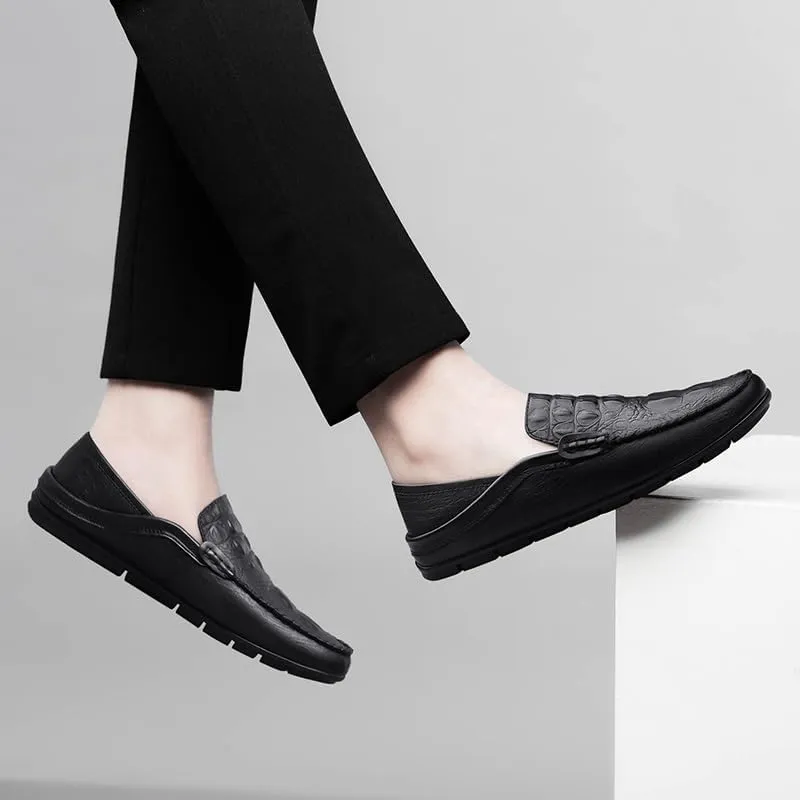 New Men's Loafers Round Toe PU Leather Crocodile Print Loafer Shoes Flat Heel Slip Resistant Flexible Prom Slip-on
