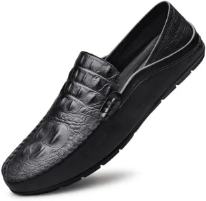New Men's Loafers Round Toe PU Leather Crocodile Print Loafer Shoes Flat Heel Slip Resistant Flexible Prom Slip-on