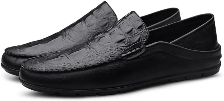 New Men's Loafers Round Toe PU Leather Crocodile Print Loafer Shoes Flat Heel Slip Resistant Flexible Prom Slip-on