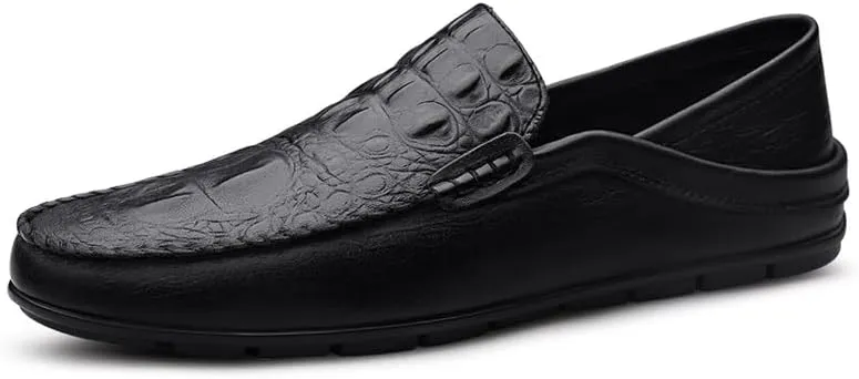 New Men's Loafers Round Toe PU Leather Crocodile Print Loafer Shoes Flat Heel Slip Resistant Flexible Prom Slip-on
