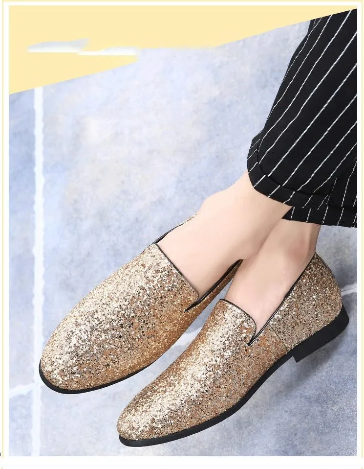 New Mens Loafers Shoe Pointed Toe Shiny PU Leather Smoking Shoes Slip Resistant Flat Heel Flexible Fashion Slip-on
