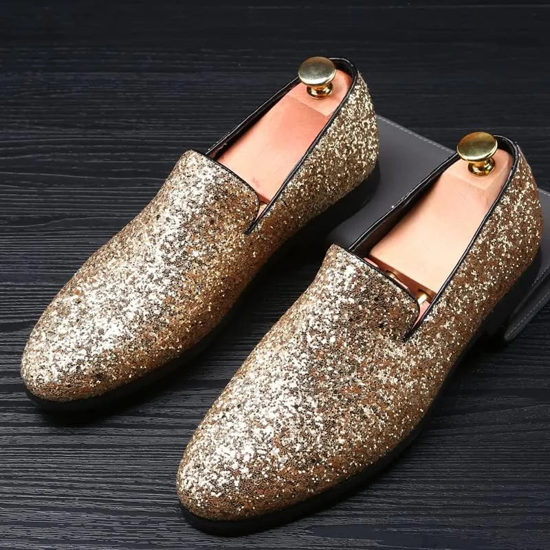 New Mens Loafers Shoe Pointed Toe Shiny PU Leather Smoking Shoes Slip Resistant Flat Heel Flexible Fashion Slip-on