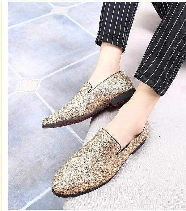 New Mens Loafers Shoe Pointed Toe Shiny PU Leather Smoking Shoes Slip Resistant Flat Heel Flexible Fashion Slip-on