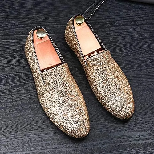 New Mens Loafers Shoe Pointed Toe Shiny PU Leather Smoking Shoes Slip Resistant Flat Heel Flexible Fashion Slip-on