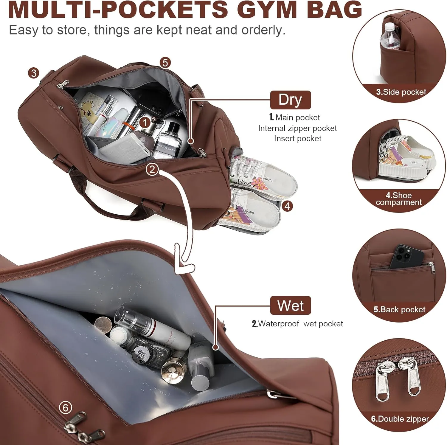 NOL Waterproof Gym Duffle Bag for Men & Women with Shoe & Wet Compartments, Multiple Pockets | Adjustable Shoulder Strap for Sports, Travel, Fitness, Workout & Hospital Use, Coffee