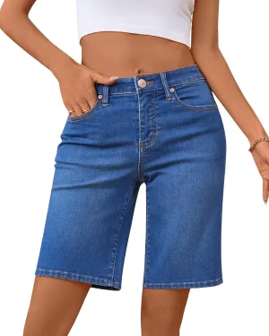 OFLUCK Bermuda Shorts for Women Mid Waisted Trendy Stretchy Denim Shorts Knee Length Cutoff Loose Fit