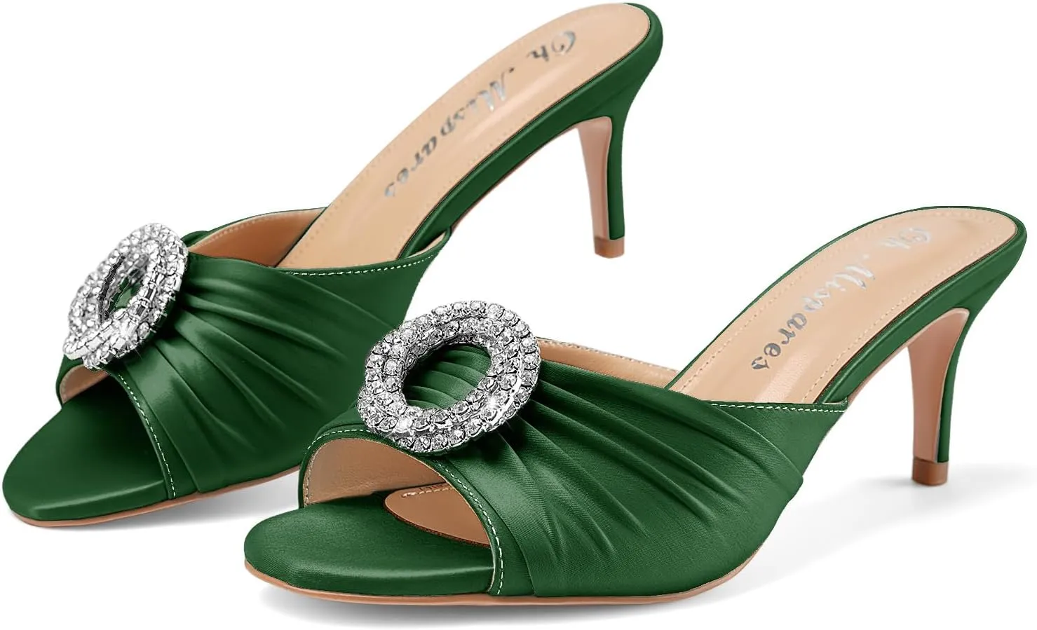 Oh Mispares Women’s Stiletto Heeled Slides Round Open Toe Slip-on Satin Mules Rhinestones 2 Inch Comfortable Dress Sandals for Prom Party Wedding