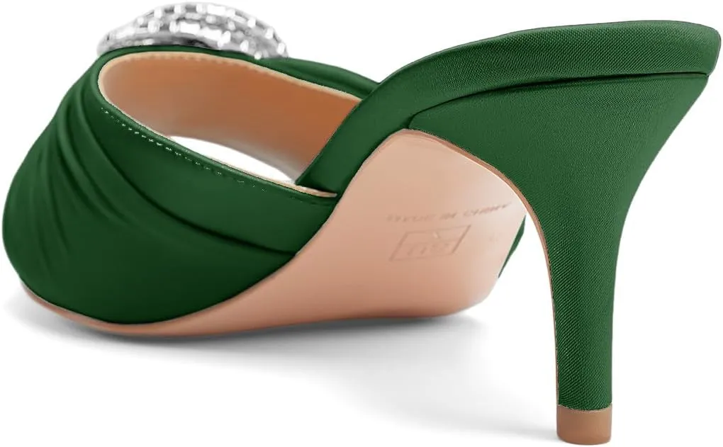 Oh Mispares Women’s Stiletto Heeled Slides Round Open Toe Slip-on Satin Mules Rhinestones 2 Inch Comfortable Dress Sandals for Prom Party Wedding