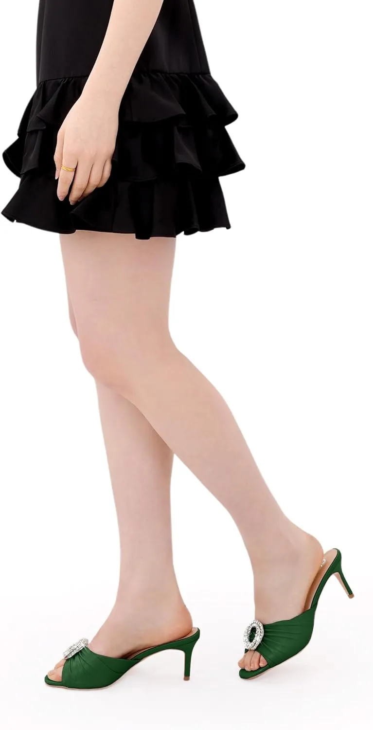 Oh Mispares Women’s Stiletto Heeled Slides Round Open Toe Slip-on Satin Mules Rhinestones 2 Inch Comfortable Dress Sandals for Prom Party Wedding