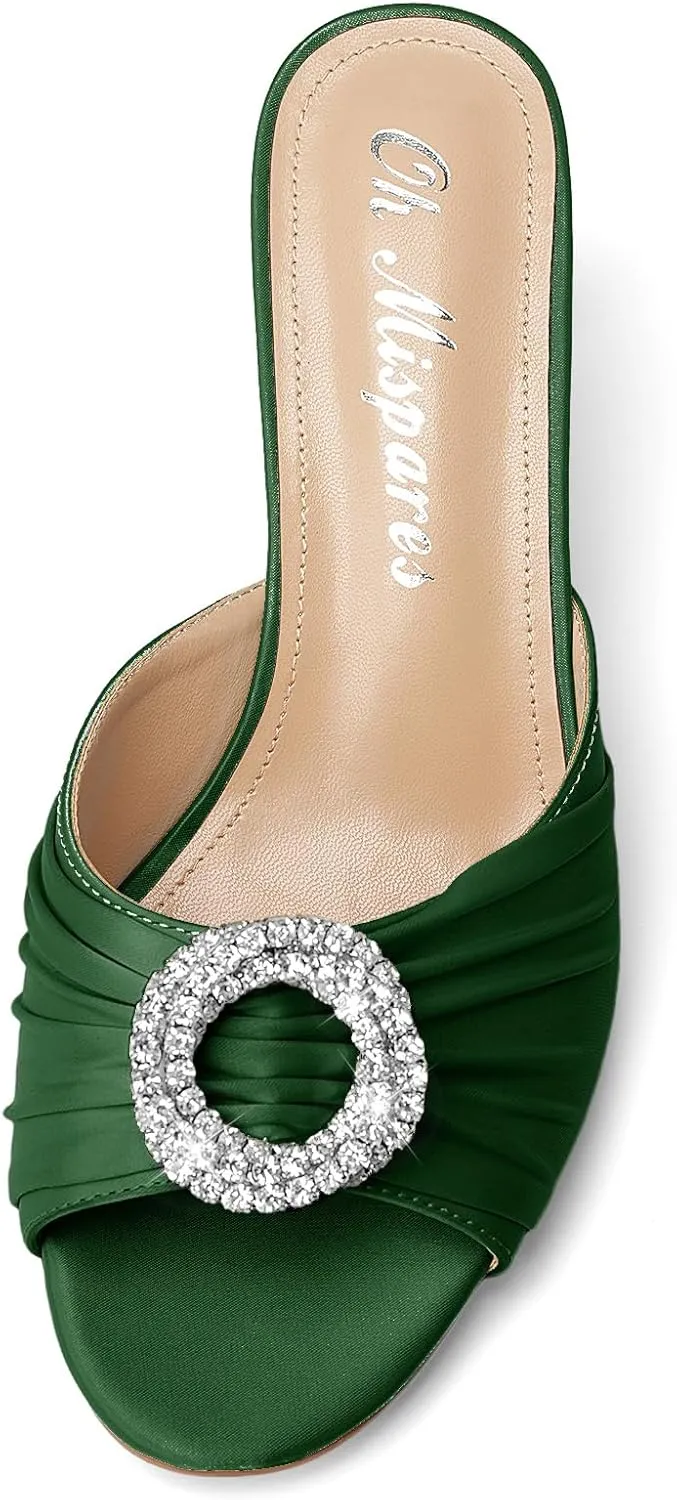 Oh Mispares Women’s Stiletto Heeled Slides Round Open Toe Slip-on Satin Mules Rhinestones 2 Inch Comfortable Dress Sandals for Prom Party Wedding