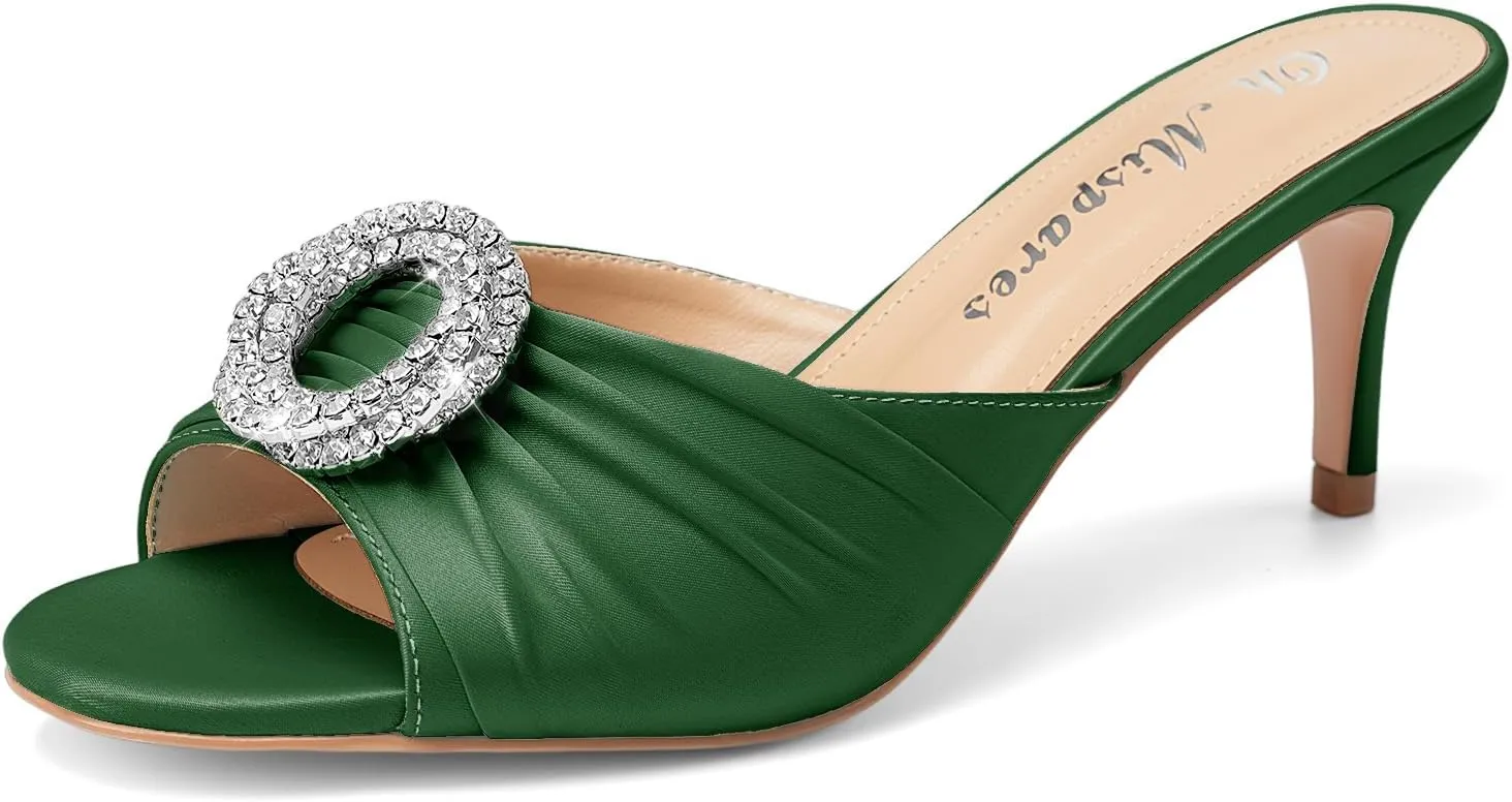 Oh Mispares Women’s Stiletto Heeled Slides Round Open Toe Slip-on Satin Mules Rhinestones 2 Inch Comfortable Dress Sandals for Prom Party Wedding