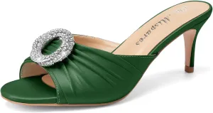 Oh Mispares Women’s Stiletto Heeled Slides Round Open Toe Slip-on Satin Mules Rhinestones 2 Inch Comfortable Dress Sandals for Prom Party Wedding