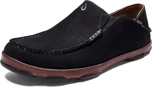 OLUKAI Moloa Men's Premium Leather Shoes, Easy Slip On & Off Design, Casual & Versatile Loafer, Drop-in Heel & Enhanced Traction, Black/Toffee, 12