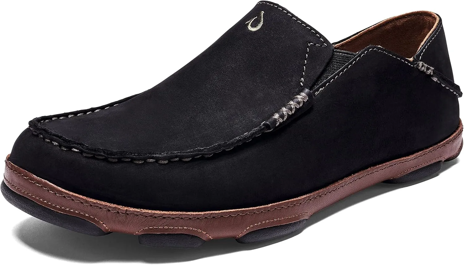 OLUKAI Moloa Men's Premium Leather Shoes, Easy Slip On & Off Design, Casual & Versatile Loafer, Drop-in Heel & Enhanced Traction, Black/Toffee, 12