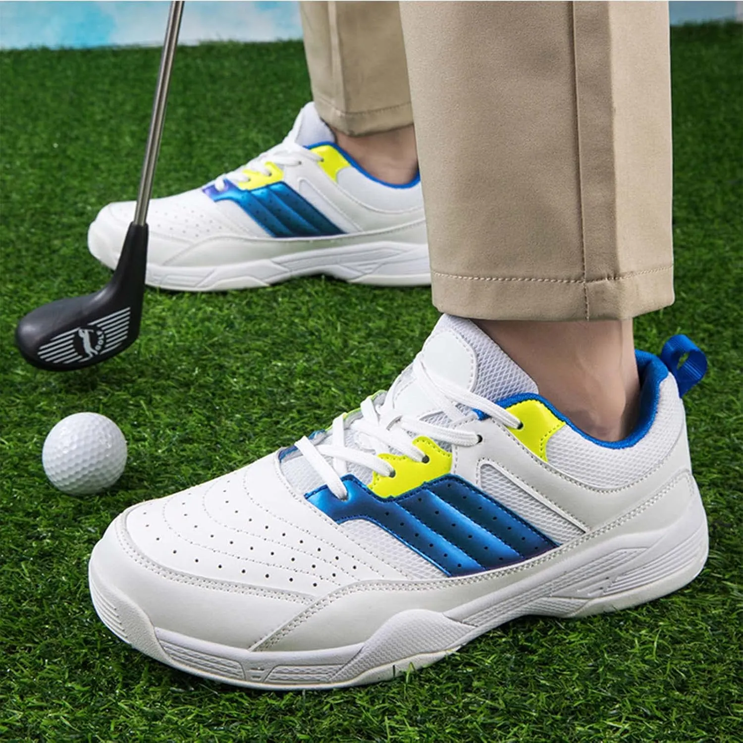 ONAIC Men's Golf Shoes Leather Waterproof Sneakers Breathable Anti-Skid Golf Trainers Wide Fitting Comfort Big Size