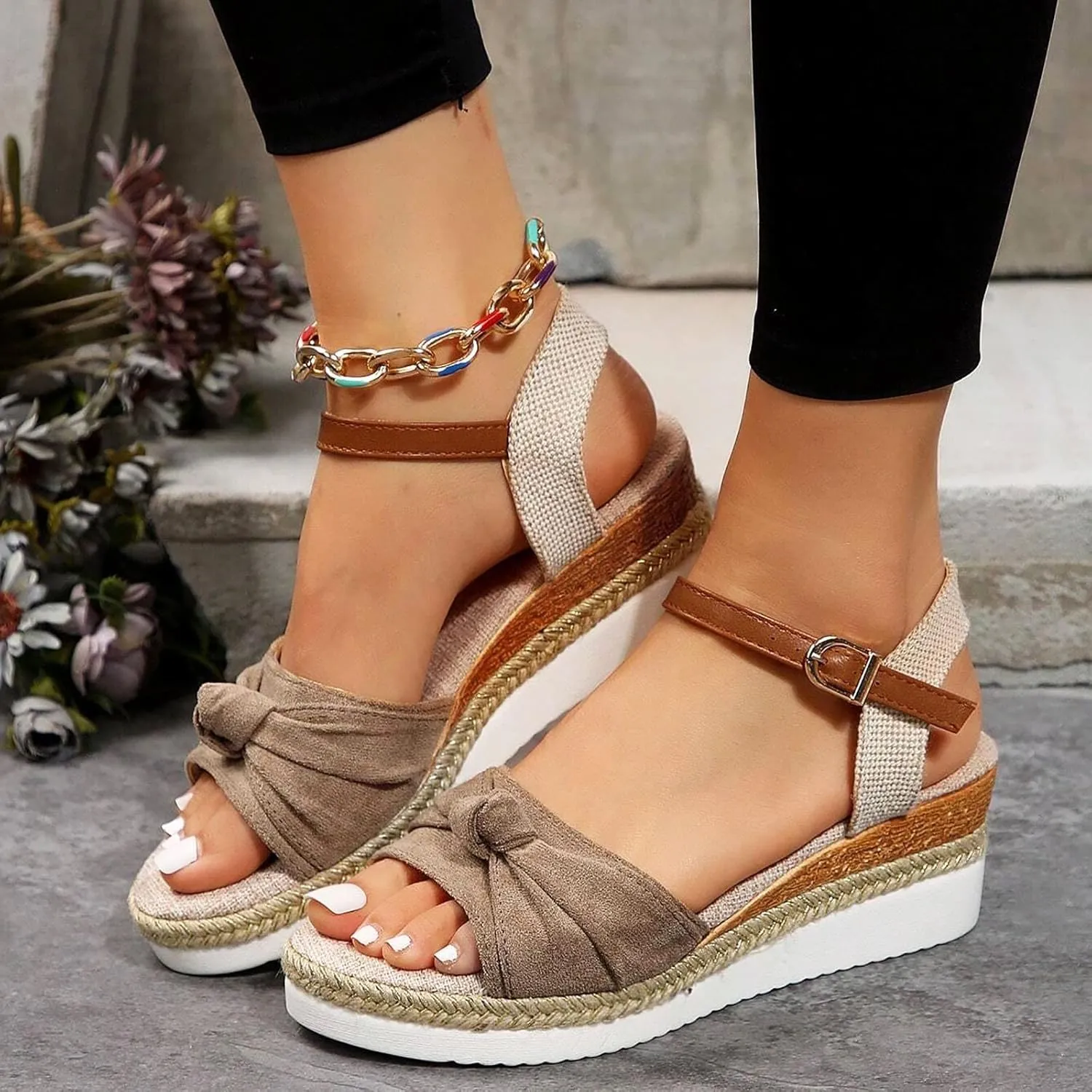 Orthopedic Platform Wedge Sandals for Women Summer Dressy Flat 2023 Open Toe Ankle Strap Espadrilles Sandals Casual Strappy Slip on Sandals Beach Boho Sandals Comfortable Outdoor Shoes (Khaki #4, 7)