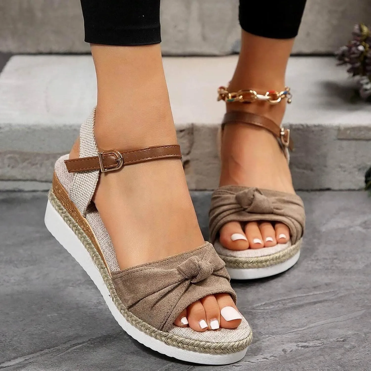 Orthopedic Platform Wedge Sandals for Women Summer Dressy Flat 2023 Open Toe Ankle Strap Espadrilles Sandals Casual Strappy Slip on Sandals Beach Boho Sandals Comfortable Outdoor Shoes (Khaki #4, 7)