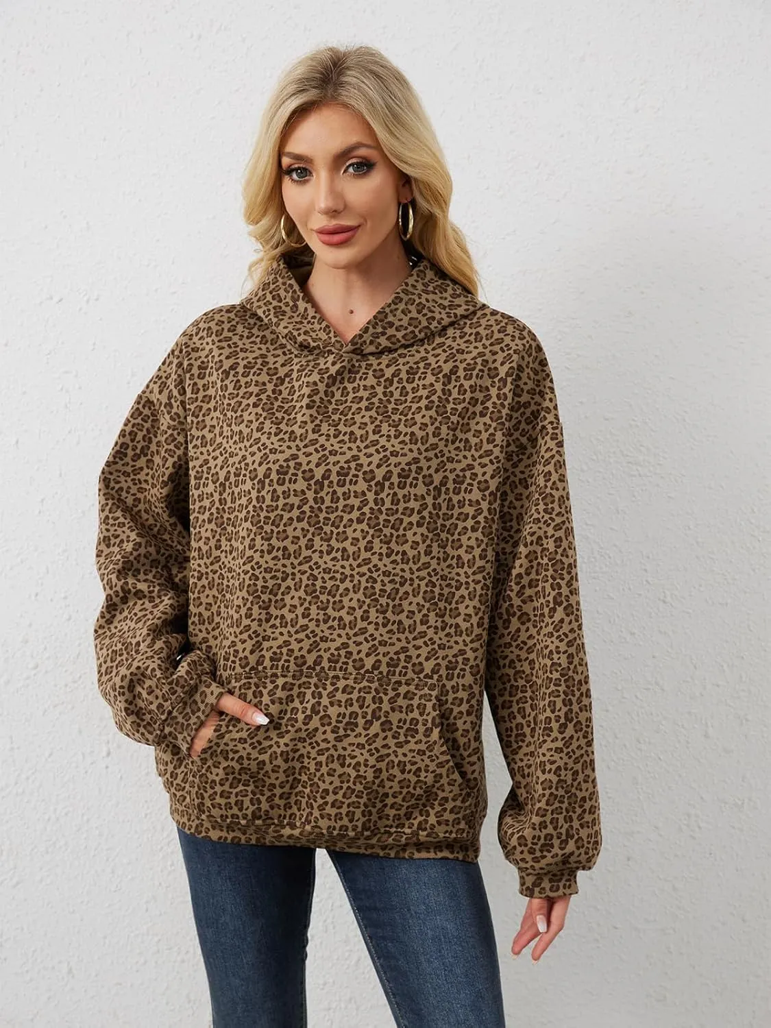 Oversized Leopard Print Hoodie for Women Men Long Sleeve Hooded Sweatshirts Cute Pullover with Pocket