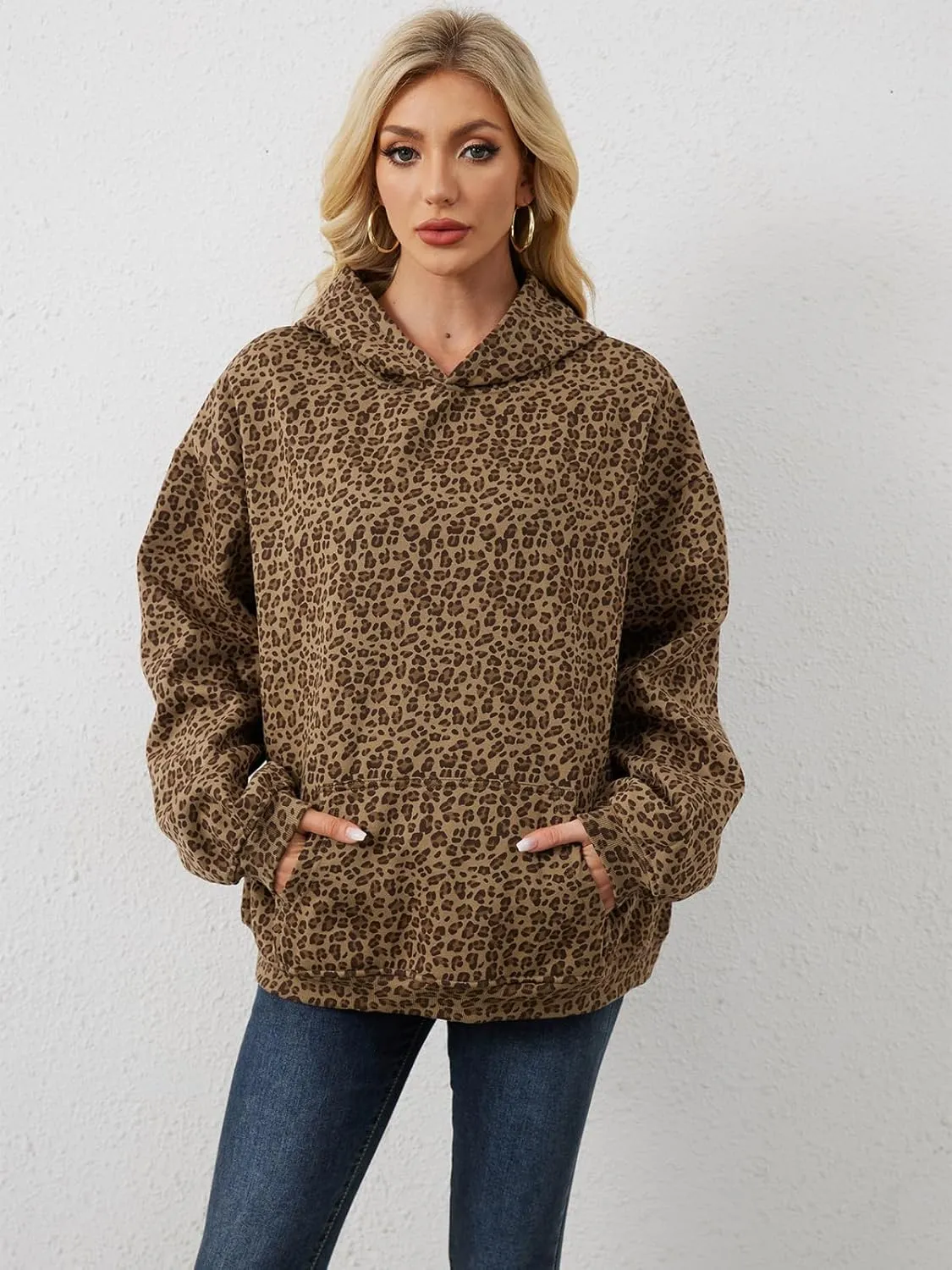 Oversized Leopard Print Hoodie for Women Men Long Sleeve Hooded Sweatshirts Cute Pullover with Pocket