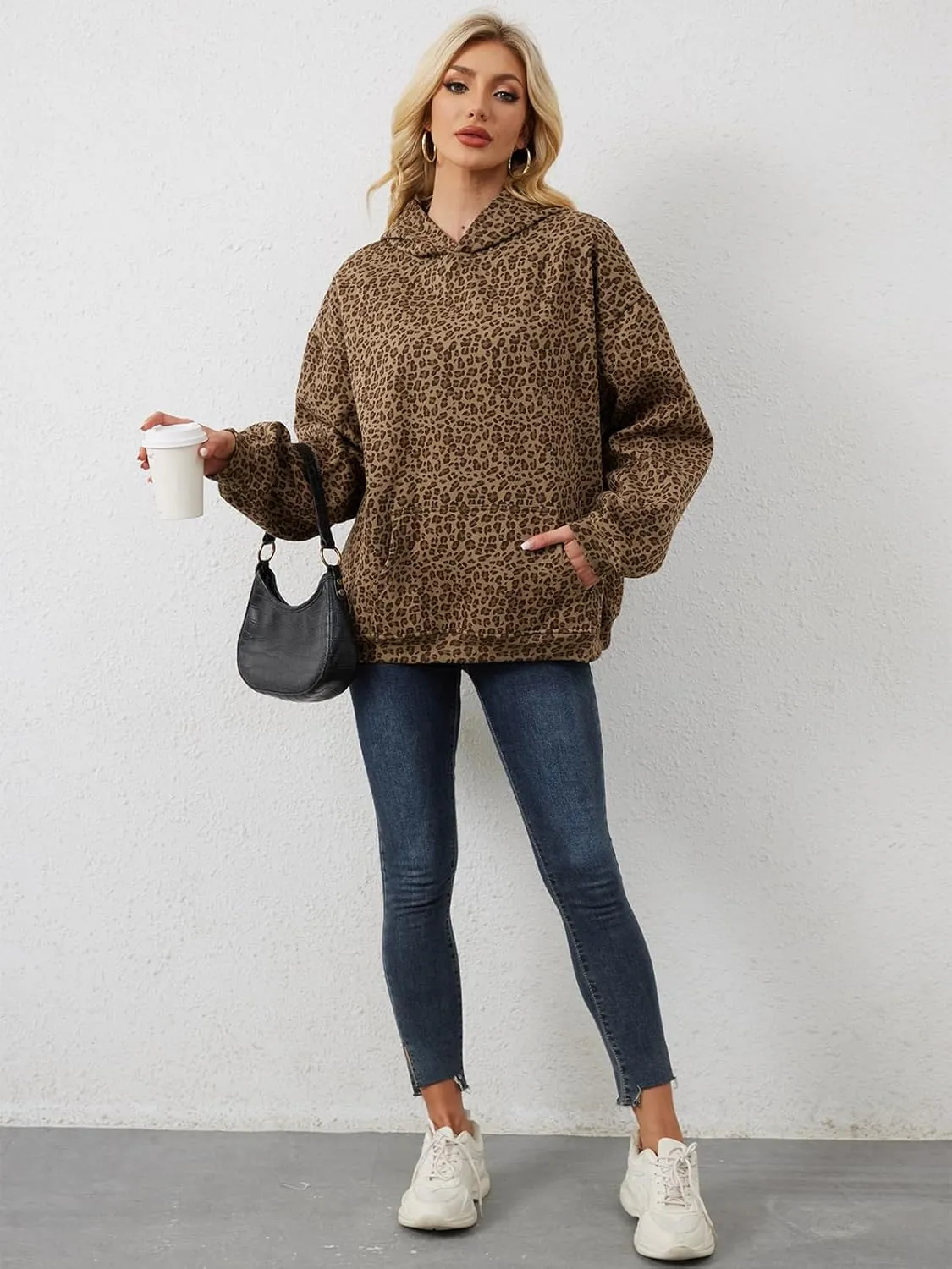 Oversized Leopard Print Hoodie for Women Men Long Sleeve Hooded Sweatshirts Cute Pullover with Pocket