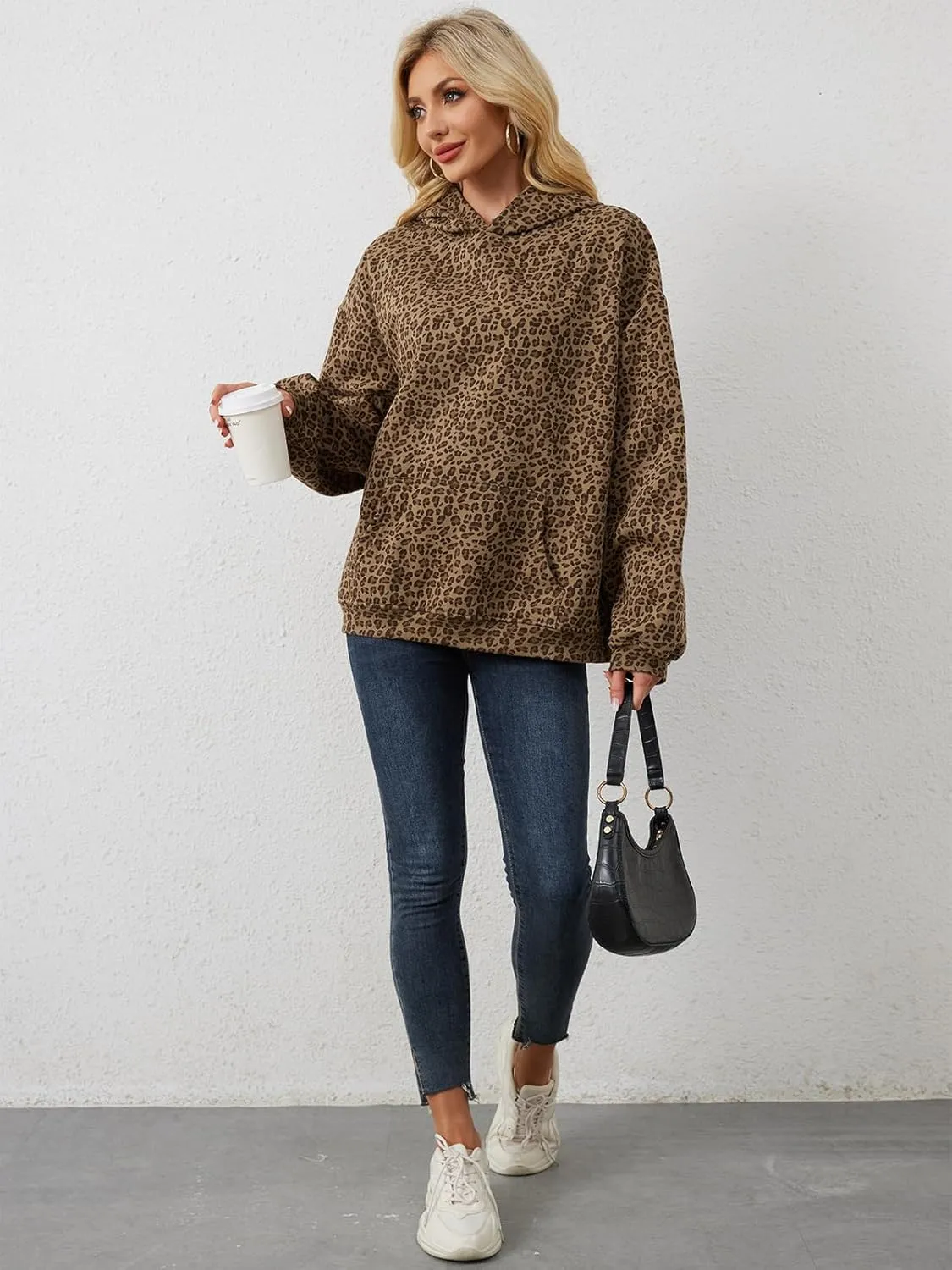 Oversized Leopard Print Hoodie for Women Men Long Sleeve Hooded Sweatshirts Cute Pullover with Pocket