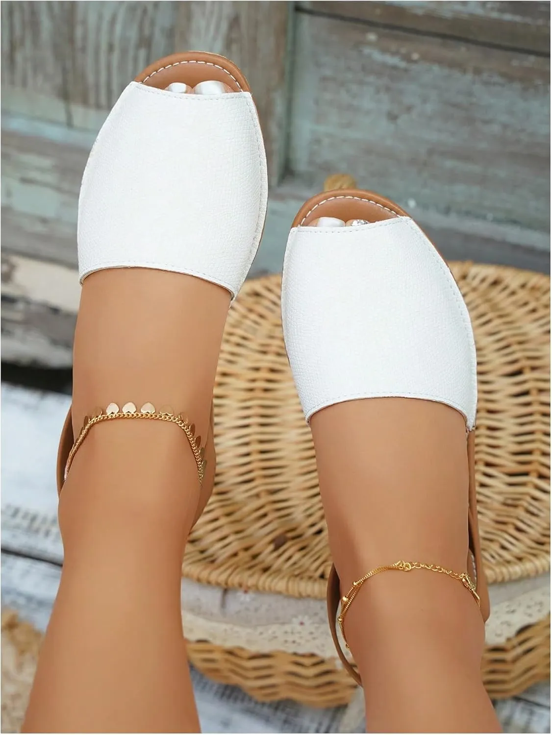 OYOANGLE Women's Peep Toe Slingback Flat Sandals Summer Comfortable Outdoor Casual Slides