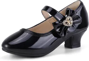 PANDANINJIA Christy Girls Heels Dress Shoes Mary Jane Rhinestone Bows Pumps Low Heel Princess Flower Wedding Party for Toddler Little Kid