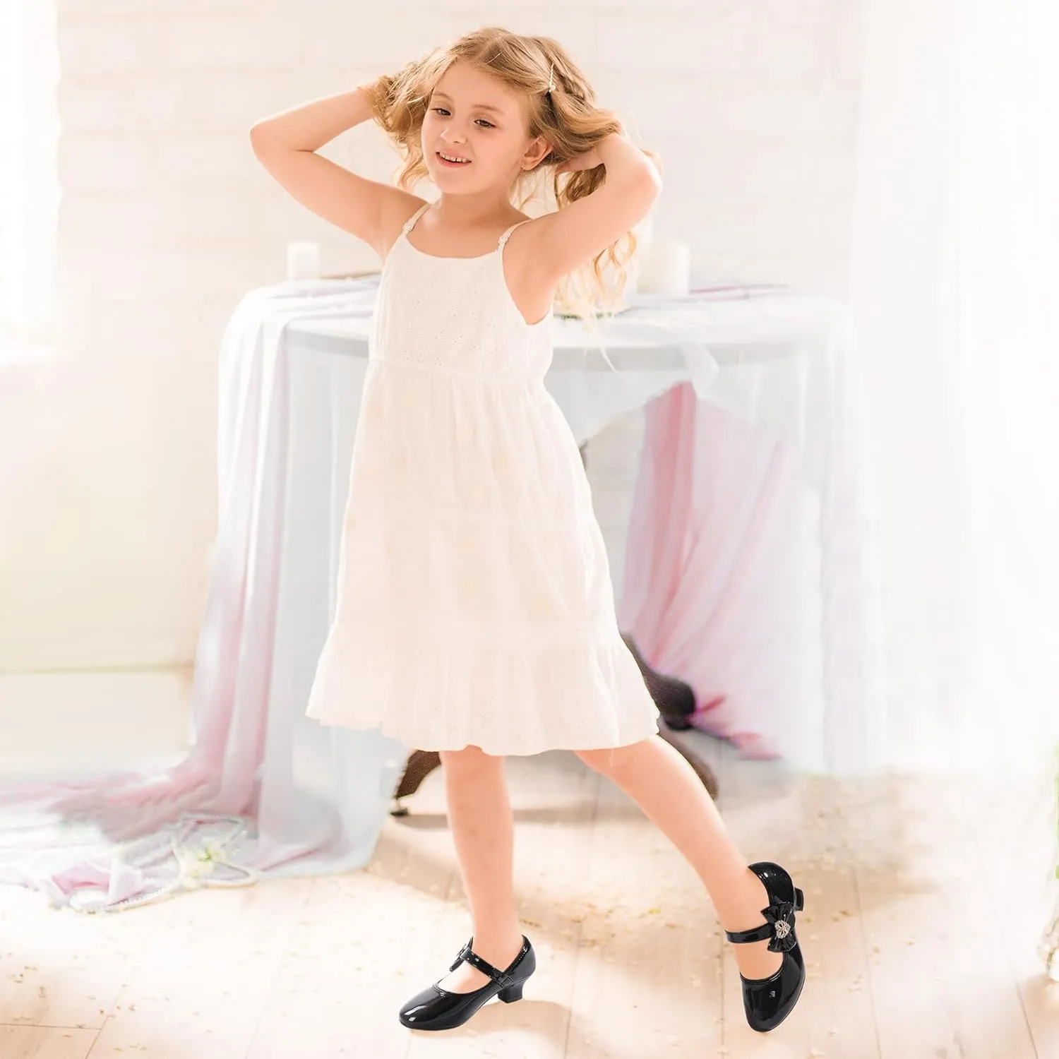 PANDANINJIA Christy Girls Heels Dress Shoes Mary Jane Rhinestone Bows Pumps Low Heel Princess Flower Wedding Party for Toddler Little Kid