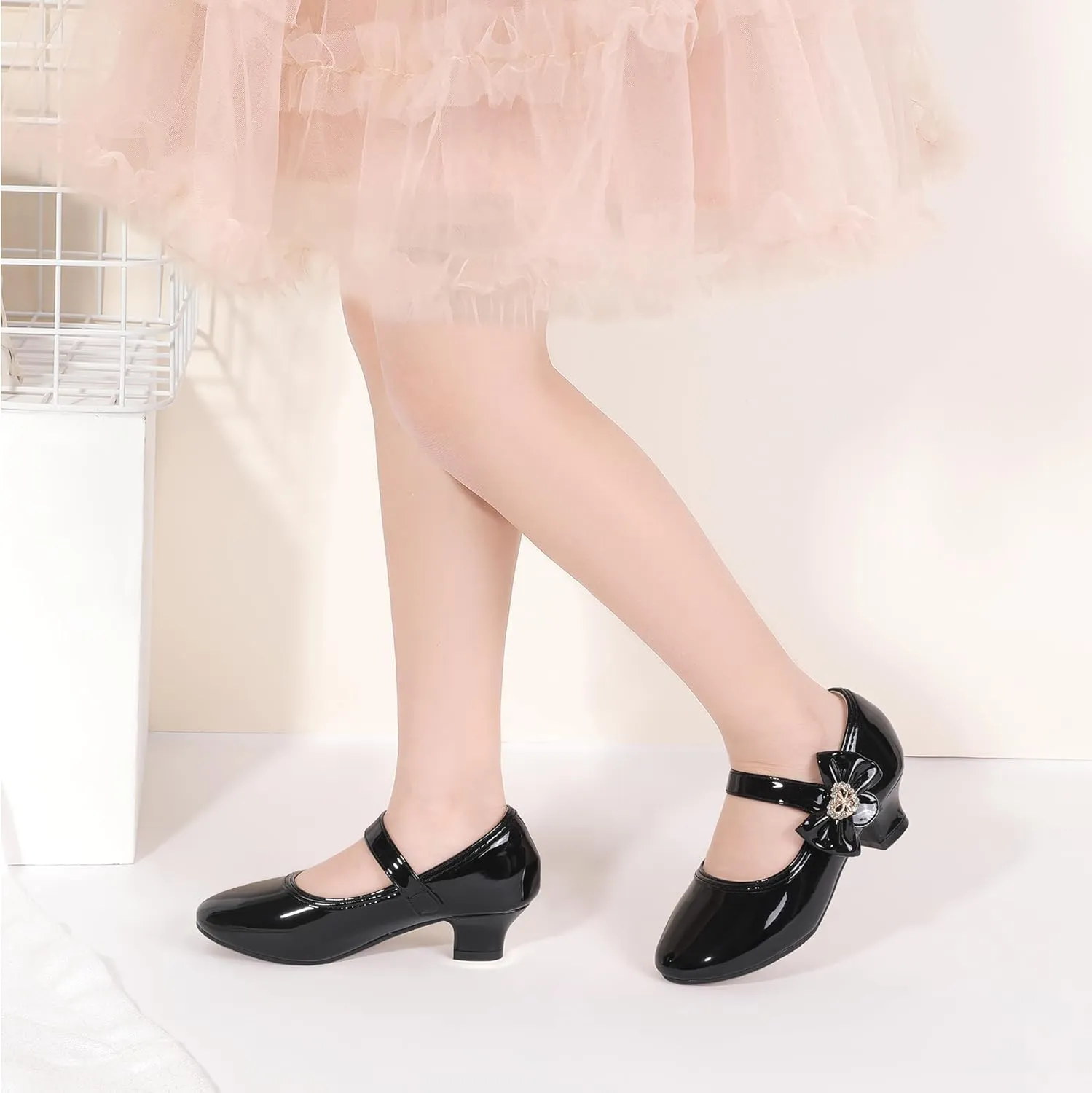 PANDANINJIA Christy Girls Heels Dress Shoes Mary Jane Rhinestone Bows Pumps Low Heel Princess Flower Wedding Party for Toddler Little Kid