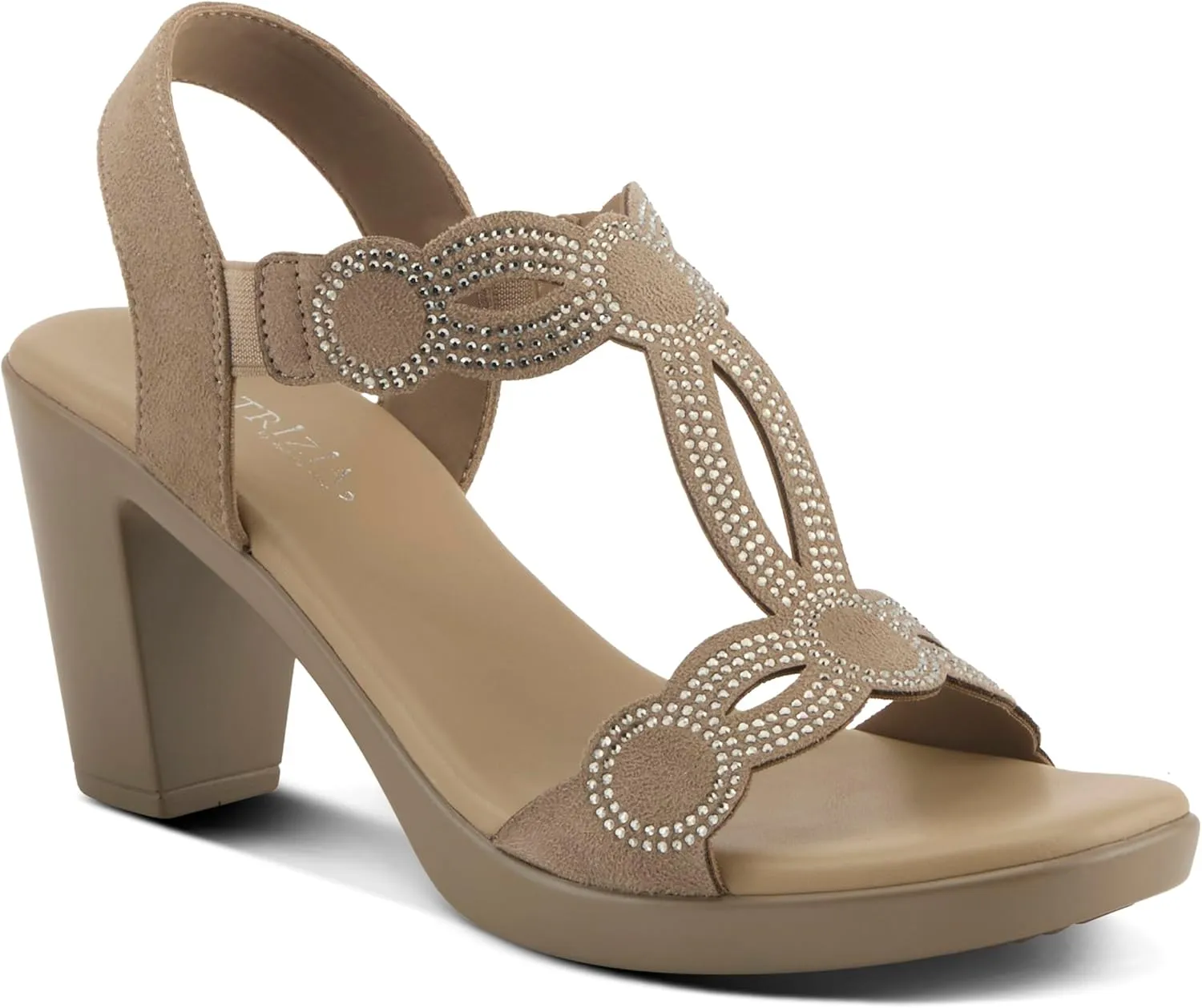 PATRIZIA Women's ILLARA Slip-On T-Strap Heels - Crystal Embellished, Elastic Goring, Cushioned Comfort