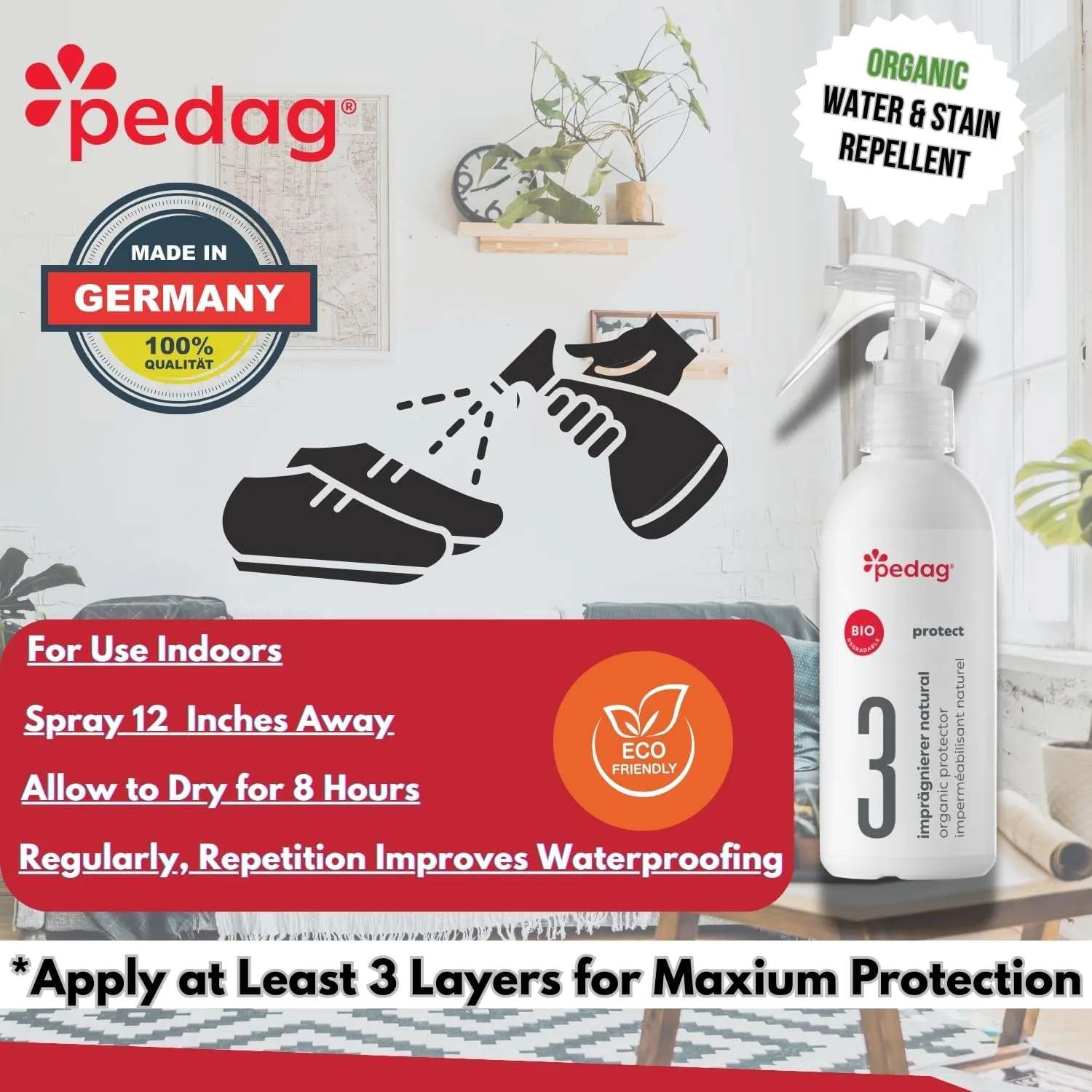 pedag Organic Protector - Natural Waterproof your Shoes, Shoe Protector Spray - Sustainably Shields Materials from Dirt & Moisture, Odorless, Biodegradable, Indoor Use. Odorless.