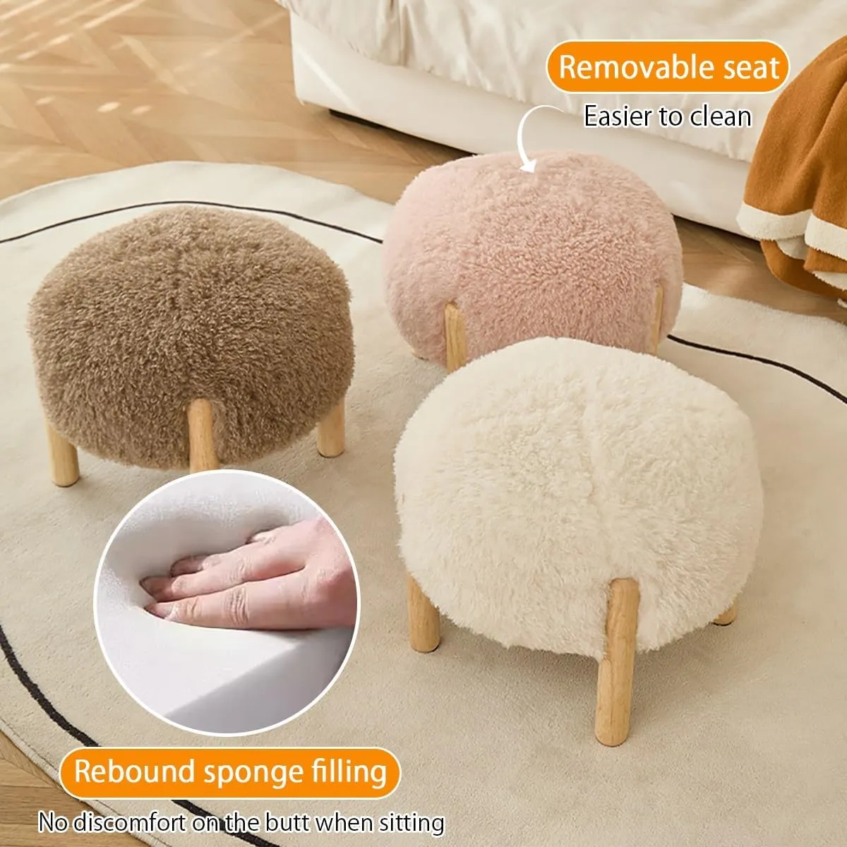 Pink Upholstered Lambswool Footstool with Solid Wood Legs for Living Room or Office Easy to Clean and Perfect for Shoe Changing