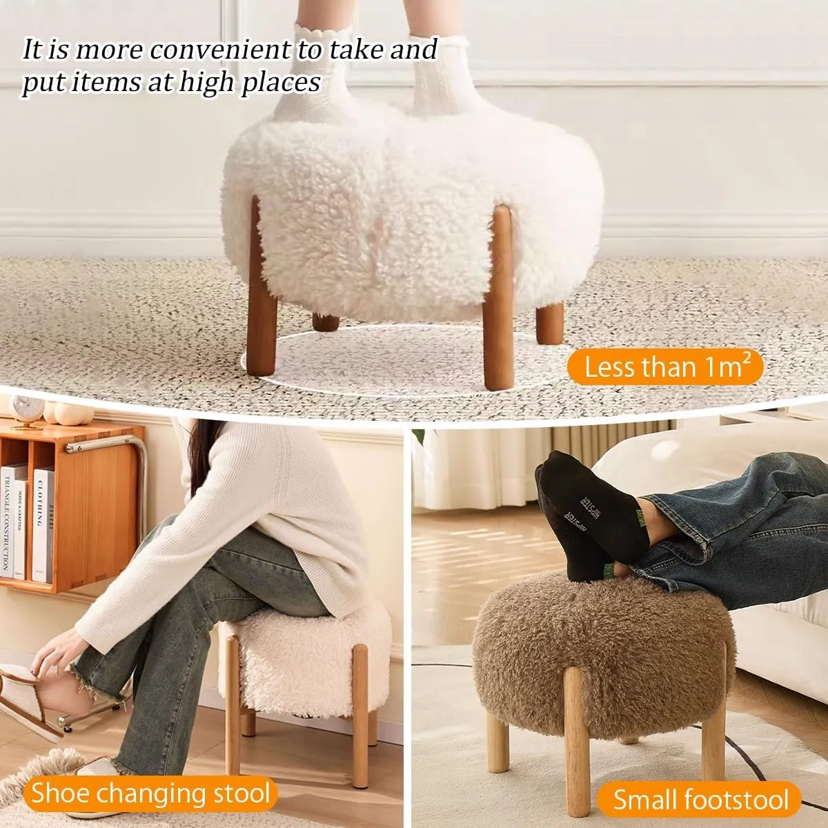 Pink Upholstered Lambswool Footstool with Solid Wood Legs for Living Room or Office Easy to Clean and Perfect for Shoe Changing