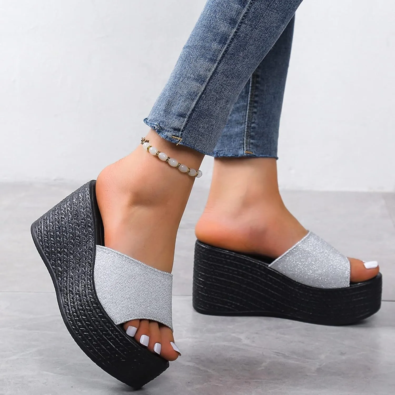 Platform Sandals Women Black Platform Wedge Sandals Casual Beach Outdoor Sandals Slip on Summer Boho Shoes