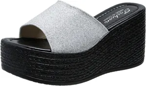 Platform Sandals Women Black Platform Wedge Sandals Casual Beach Outdoor Sandals Slip on Summer Boho Shoes