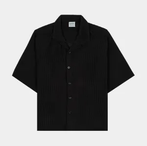Pleated Button Up Mens Short Sleeve Shirt (Black)