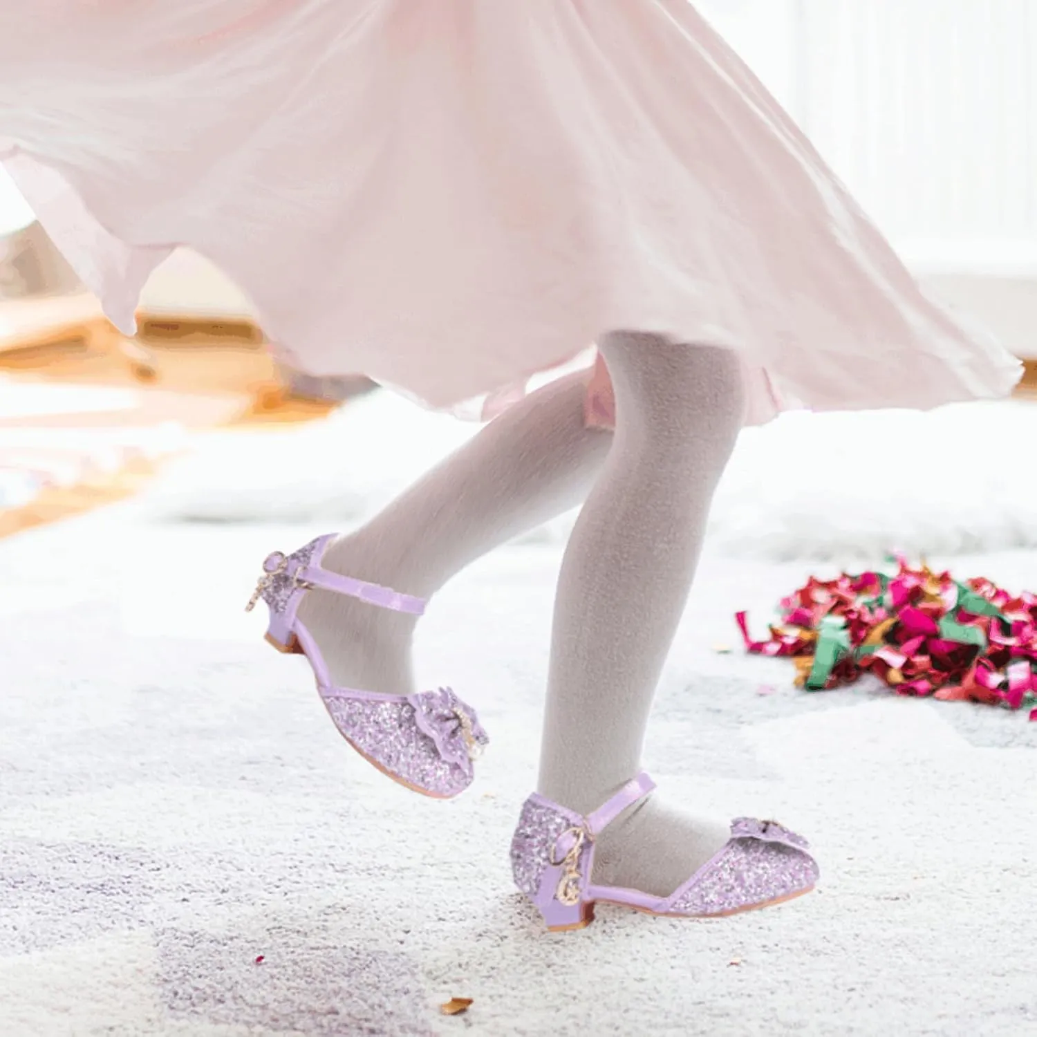 Princess Shoes Glitter-Girl Dress Shoes for Toddler Little Kid Round Toe with Bow,1.2" Low Heel for Wedding Christmas Party Father-Daughter Dance